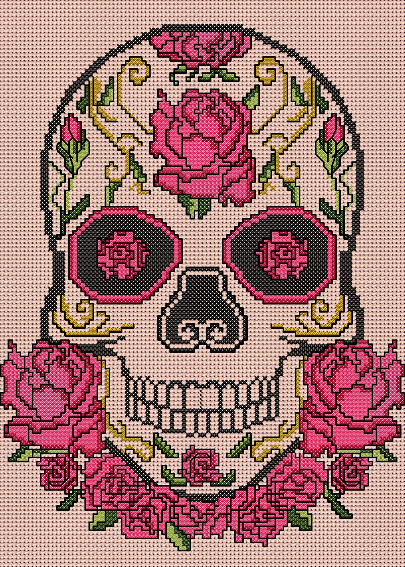 Pink Rose Sugar/Day of the Dead Skull Cross Stitch Chart — PDF Download