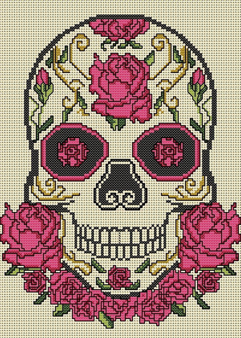 Pink Rose Sugar/Day of the Dead Skull Cross Stitch Chart — PDF Download