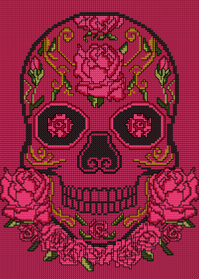 Pink Rose Sugar/Day of the Dead Skull Cross Stitch Chart — PDF Download
